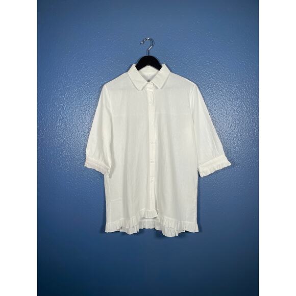 Women's White Shirt Medium Button-Up Ruffled Hi/Low Hem Summer Casual - Picture 1 of 4